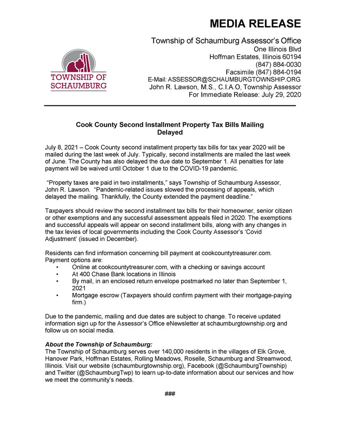 Schaumburg Township Media Release, July 8, 2021