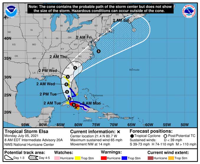 Tropical Storm Elsa Warnings Cone July 5 2021 at 8A EDT (SOURCE: National Hurricane Center)