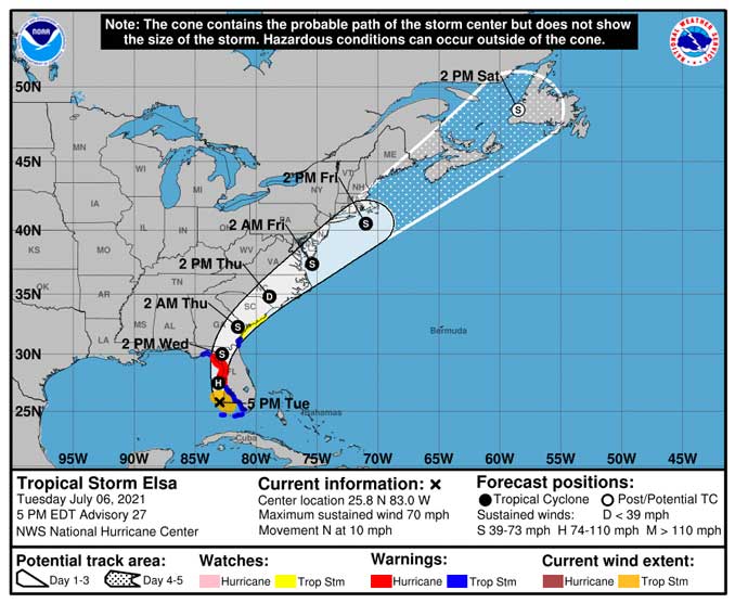 Tropical Storm Elsa Hurricane Cone Tuesday, July 6, 2021 at 5:38 EDT.