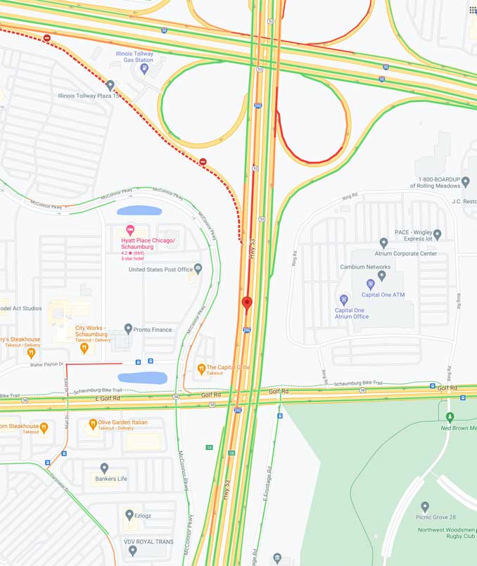 Traffic Map fatal motorcycle crash southbound Route 53 between I-90 and Golf Road Schaumburg