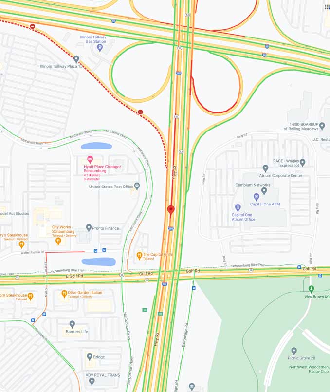 Traffic Map fatal motorcycle crash southbound Route 53 between I-90 and Golf Road Schaumburg