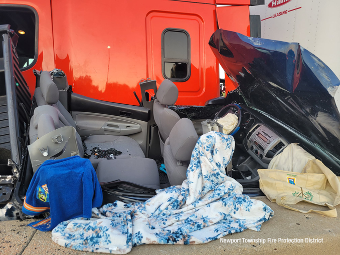 Semi-trailer truck crash and pickup truck after extrication on I-94 EAST just north of Wadsworth Road in Lake County (SOURCE: Newport Township Fire Protection District)