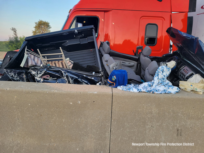Semi-trailer truck crash and pickup truck after extrication on I-94 EAST just north of Wadsworth Road in Lake County (SOURCE: Newport Township Fire Protection District)