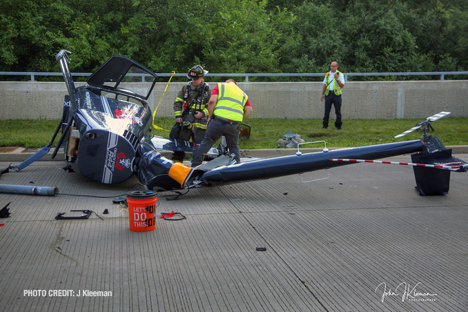 Helicopter crash scene photos close to northbound lanes of Milwaukee Avenue at Apple Drive in Prospect Heights (PHOTO CREDIT: J Kleeman)