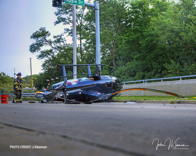 Helicopter crash scene photos close to northbound lanes of Milwaukee Avenue at Apple Drive in Prospect Heights (PHOTO CREDIT: J Kleeman)