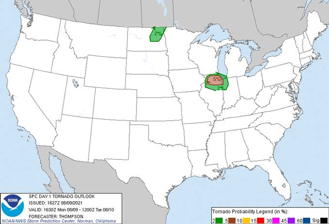 Convective Outlook 1 Day Monday, August 9, 2021 (SOURCE: NWS Storm Prediction Center