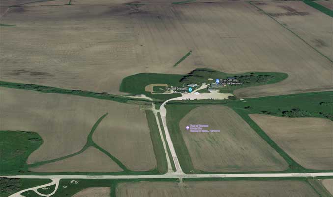 Field of Dreams Movie Site not showing the temporary stadium for the White Sox vs Yankees game on Thursday, August 12, 2021 (Imagery ©2021 Google, Imagery ©2021 City of Dubuque, Maxar Technologies, USDA Farm Service Agency, Map data ©2021)