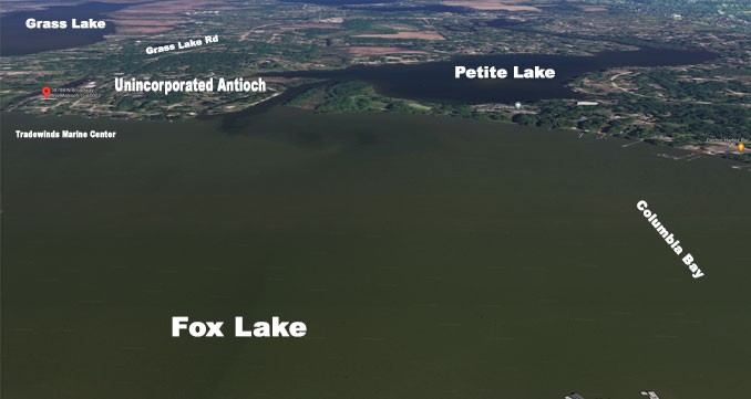 Fox Lake showing Columbia Bay and Tradewinds Marine Center (SOURCE: Imagery ©2021 Google, Landsat / Copernicus, Data SIO, NOAA, U.S. Navy, NGA, GEBCO, Imagery ©2021 Maxar Technologies, U.S. Geological Survey, USDA Farm Service Agency map data ©2021)