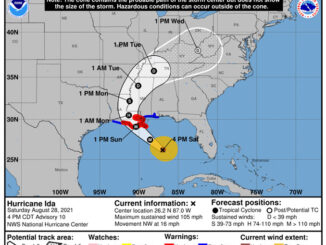 Hurricane Ida Warning Cone retrieved at 6:05 p.m. CDT Saturday, August 28, 2021 (SOURCE: National Hurricane Center)