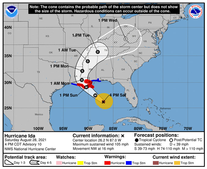 Hurricane Ida Warning Cone retrieved at 6:05 p.m. CDT Saturday, August 28, 2021 (SOURCE: National Hurricane Center)