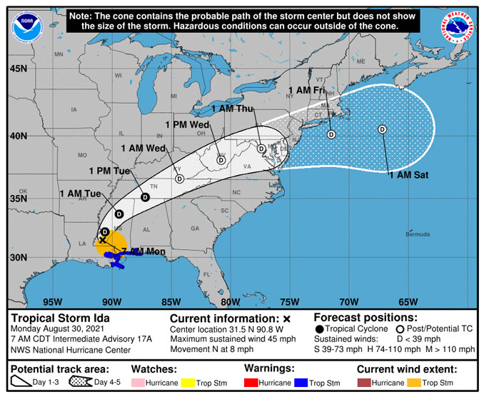 Hurricane Ida Warning Cone Monday, August 21, 2021 at 7:00 a.m. (SOURCE: National Hurricane Center)