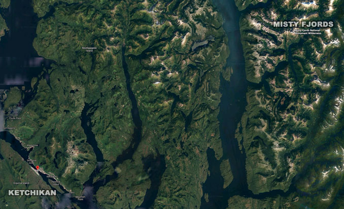 Ketchikan to Misty Fjords (SOURCE: Imagery ©2021 CNES / Airbus, CNES / Airbus, Maxar Technologies, Landsat / Copernicus, TerraMetrics, Imagery ©2021 Terrametics, Map data ©2021)
