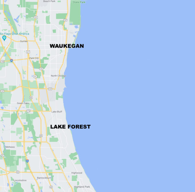 Lake Michigan fromo Waukegan to Lake Forest (SOURCE: Map data ©2021 Google)
