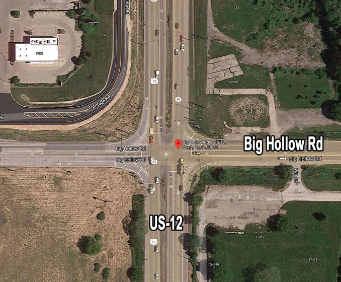 US-12 and Big Hollow Road Fox Lake (Imagery ©2021 Google, Imagery ©2021 Maxar Technologies, U.S. Geological Survey, Map data ©2021 Google)