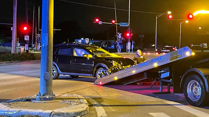 Vehicle prepared for towing at a crash scene at Northwest Highway and Euclid Avenue in Arlington Heights