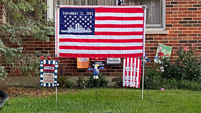 Tribute US flag for September 11, 2001 in front yard at Arlington Heights home