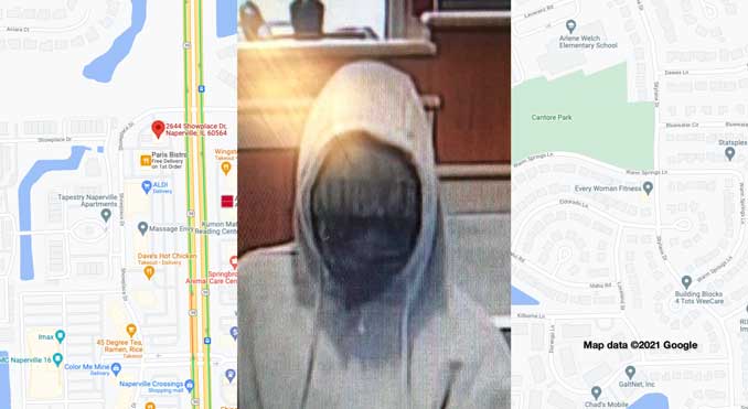 Bank robbery suspect at the Fifth Third Bank on Showplace Drive in Naperville (SOURCE: FBI/Map data ©2021 Google)