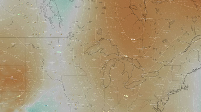 Chicago between two High Pressure areas with air pressure about 30.10 around Chicagoland (SOURCE: Windy.com)