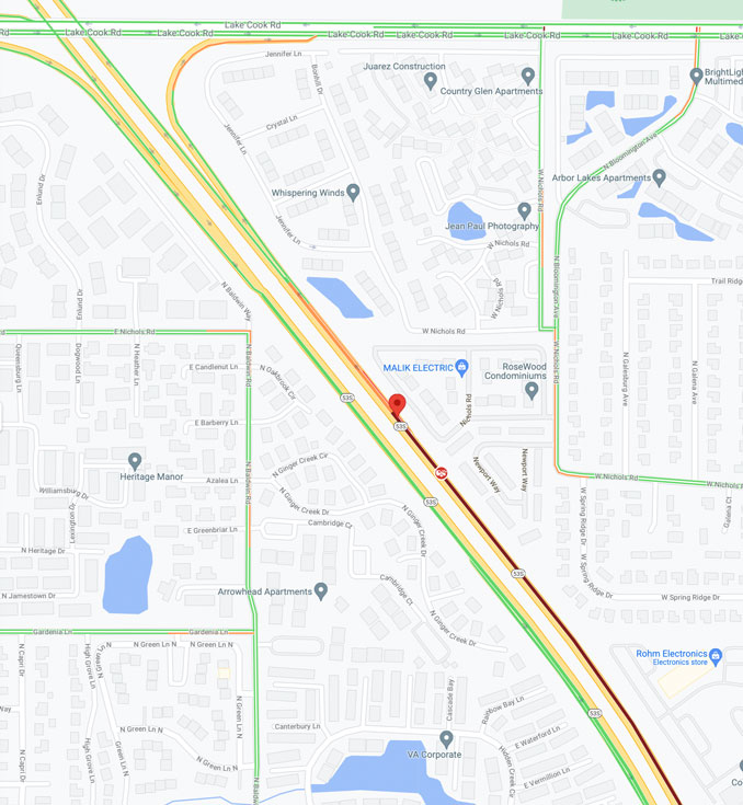 Crash map on northbound Route 53  south of Lake Cook Road on September 23, 2021 (Map data ©2021 Google)