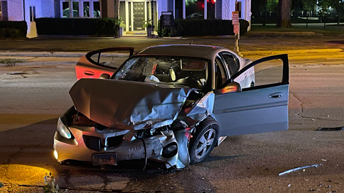 Severely damage car at a crash scene at Northwest Highway and Euclid Avenue in Arlington Heights