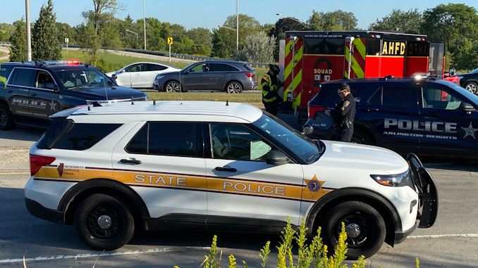 Illinois State Police on the scene of a rollover truck crash in Arlington Heights