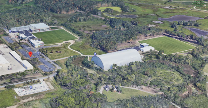 Chicago Bears headquarters Halas Hall in Lake Forest (Imagery ©2021 Google, TerraMetrics, NOAA, Landsat / Copernicus, Imagery ©2021)