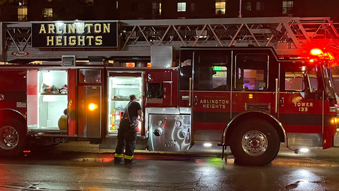 AHFD Tower 1 outside Sweet T's Bakery & Cake Studio on South Dunton Avenue in Arlington Heights