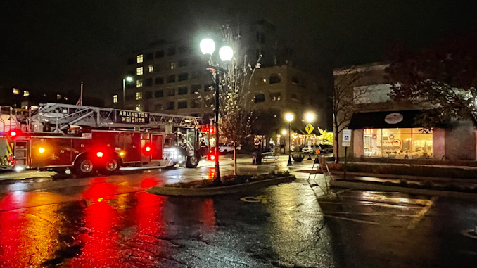 AHFD Tower 1 outside Sweet T's Bakery & Cake Studio on South Dunton Avenue in Arlington Heights