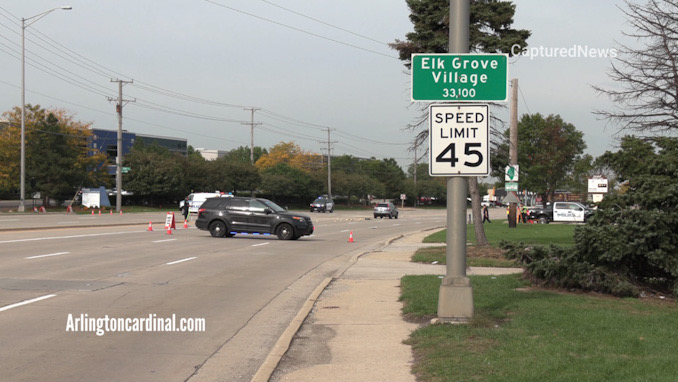 Crash investigators at the scene of a fatal hit-and-run crash on Higgins Road west of Elmhurst Road in Elk Grove Village Wednesday, October 13, 2021.