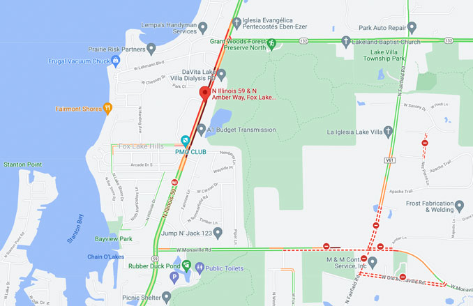 Crash map area of Route 59 and Amber Way in Fox Lake Hills, unincorporated Lake Villa (SOURCE: Map data ©2021 Google)