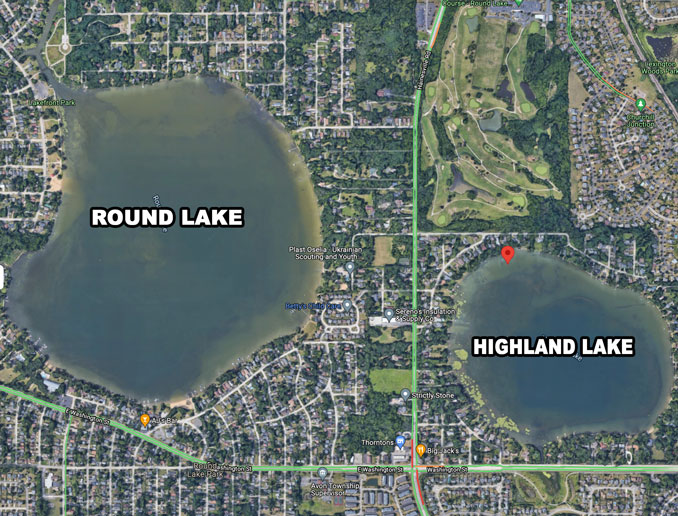 Highland Lake in unincorporated Round Lake (Imagery ©2021 Google, Imagery ©2021 Maxar Technologies, U.S. Geological Survey, USDA Farm Service Agency, Map data ©2021)