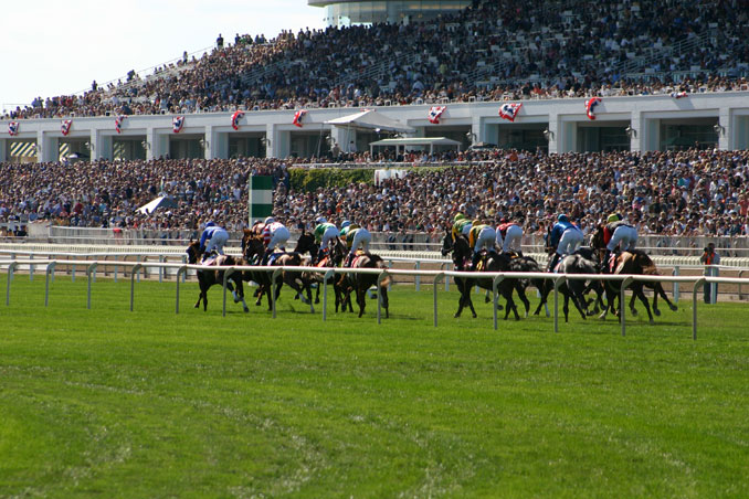 Horses pass Arlington grandstand on August 14, 2004 -- Arlington Million.