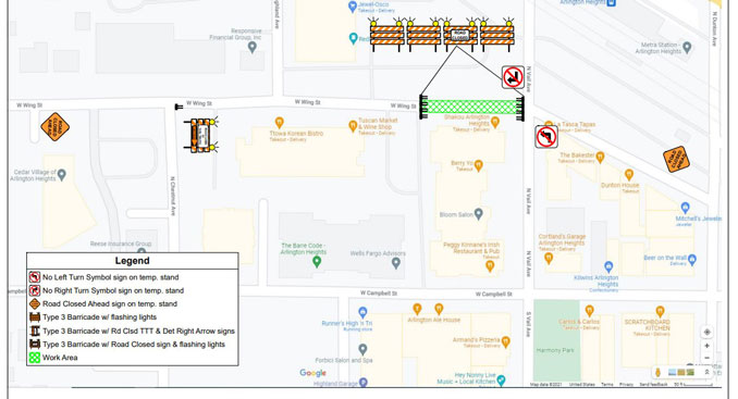 Wing Street closure just west of Vail Avenue in Arlington Heights for a crane lift (SOURCE: Village of Arlington Heights)