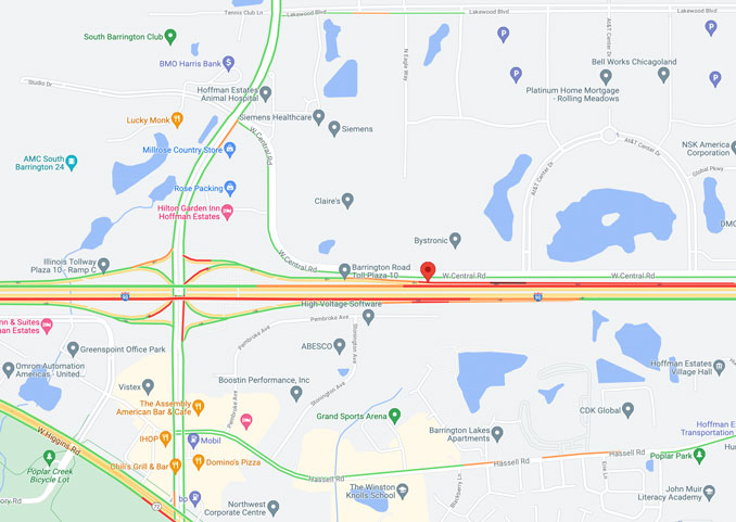 Pepsi truck fire map on I-90 WEST near Barrington Road near Hoffman Estates and South Barrington (SOURCE: Map data ©2021 Google)