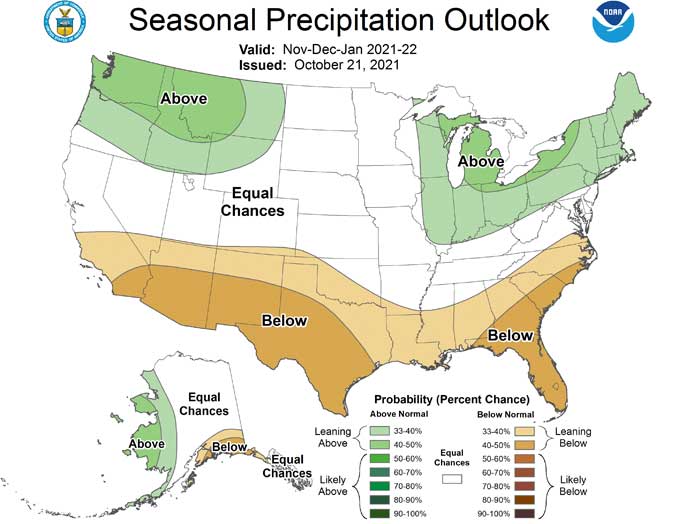 Seasonal Outlook for Precipitation for November, December, January 2021-22 (SOURCE: NWS Climate Prediction Center)