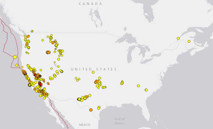 USGS Earthquake Map with earthquake locations for all magnitudes 7 days leading up to 2021-10-30 21:11:21 (UTC-05:00)