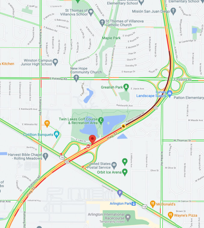 Vehicle Fire Map IL-53 over US-14 (SOURCE: Map data ©2021 Google)