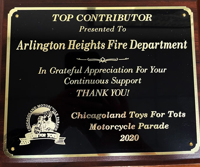 Award for Arlington Heights Fire Department's top rating as a collection site for Toys for Tots in 2020 (presented in 2021)