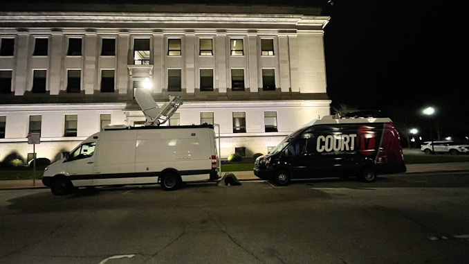 CourtTV truck parked on 10th Avenue near the Kenosha County Courthouse at Civic Center Park about 11:15 p.m. Tuesday, November 16, 2021