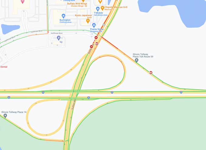 Crash Map Route 59 and I-90 for a rollover tanker truck carrying dry cement Monday, November 22, 2021 (Map data ©2021 Google)