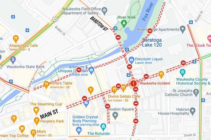 Google Map Waukesha Christmas Parade shooting with road closures for 'Waukesha Incident (Map data ©2021 Google)