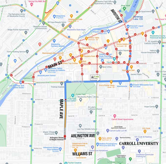 Map of travel distance from Waukesha Christmas  to neighborhood where suspect's vehicle was found (Map data ©2021 Google)