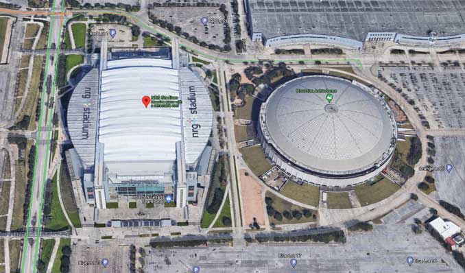 NRG Stadium Houston -- a large arena with a retractable roof just west of the Houston Astrodome (Imagery ©2021 Google, Imagery ©2021 Houston - Galveston Area Council, Maxar Technologies, Texas General Land Office, U.S. Geological Survey, Map data ©2021)