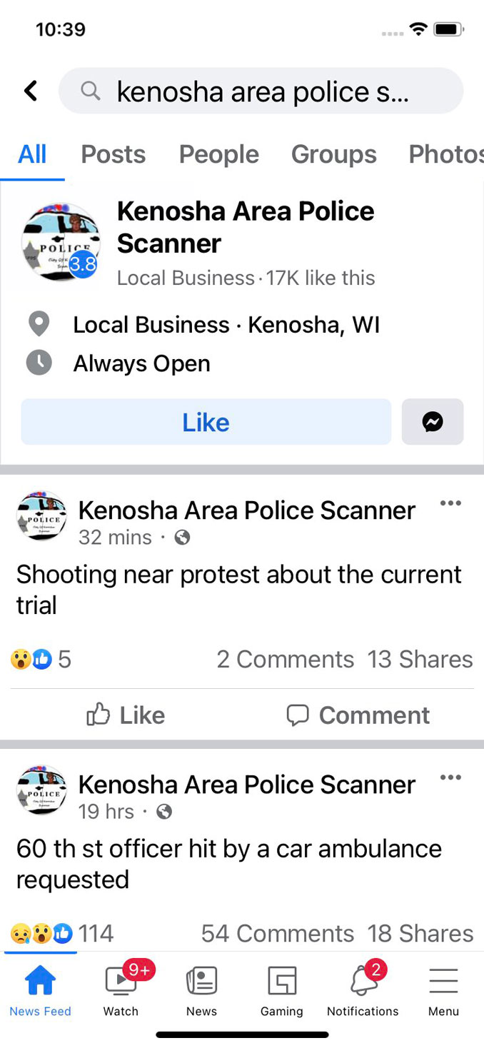 Screen Shot captured by Kenosha Police Department showing the Kenosha Area Police Scanner post on Wednesday night