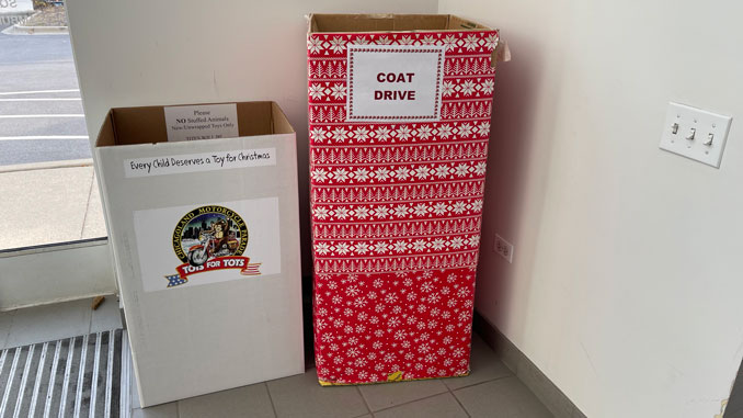 Toys and coats DonationBoxes in the first floor lobby at Arlington Heights Fire Stations 2