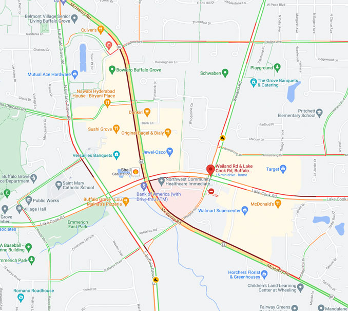 Gas leak map Lake Cook Road and Weiland Road Buffalo Grove (Map data ©2021)