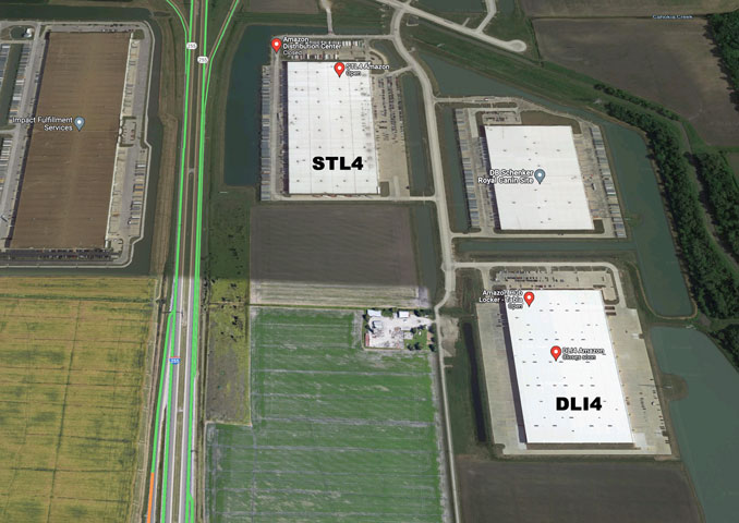 Amazon DLI4 Delivery Station and STL4 Fulfillment Center (Imagery ©2021 Google, Imagery ©2021 Maxar Technologies, U.S. Geological Survey, USDA Farm Service Agency, Map data ©2021)