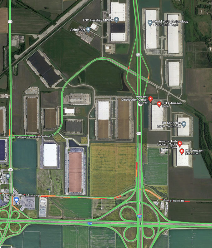 Amazon Facilities SW Edwardsville, Illinois (Imagery ©2021 Google, Imagery ©2021 Lansat / Copernicus, Maxar Technologies, U.S. Geological Survey, USDA Farm Service Agency, Map data ©2021)