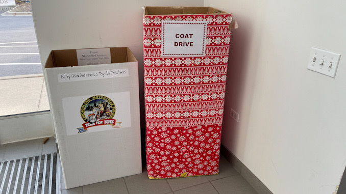 Coat drive box on the right with the Toys for Tots box at Arlington Heights Fire Station 2
