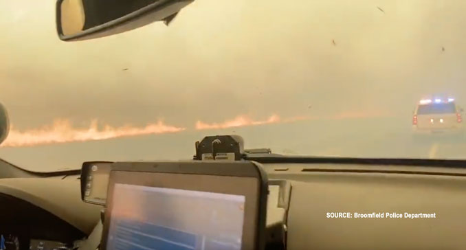 Broomfield Police Department dashboard view of fire in the Superior/Louisville area (SOURCE: Broomfield Police Department)